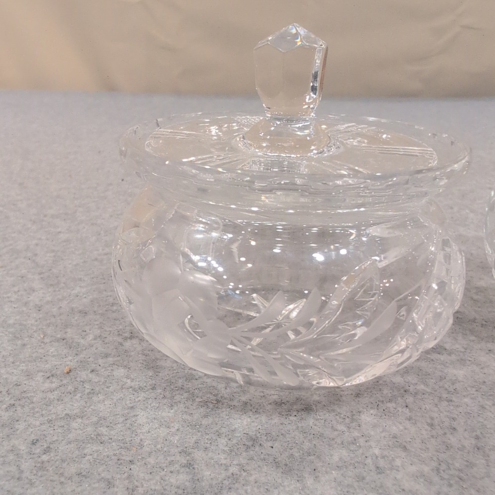 Vintage Clear Cut Glass Lidded Jars Set of 2 Frosted Floral and Diamond Pattern - Picture 2 of 5